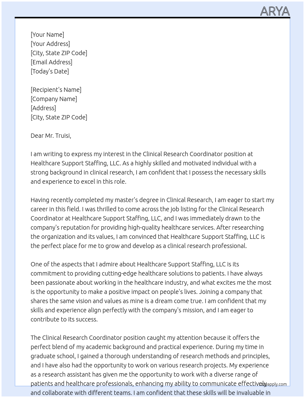 Clinical Research Coordinator At Healthcare Support Staffing, LLC Cover Letter