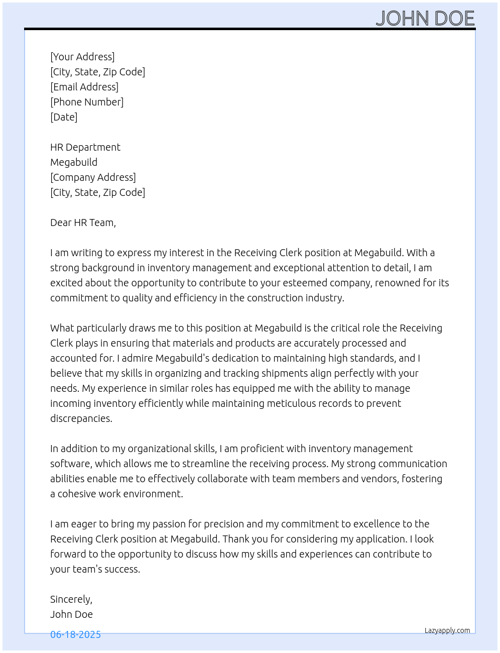 Receiving Clerk At Megabuild Cover Letter