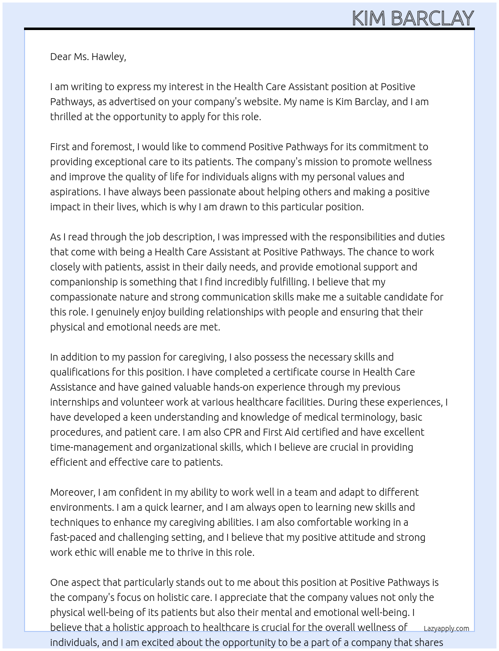 Health Care Assistant At Positive Pathways Cover Letter