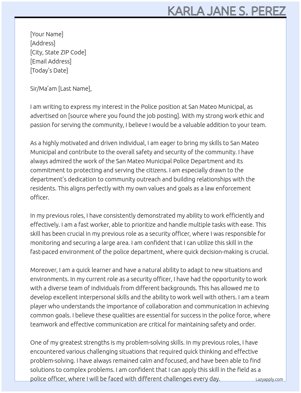Police At San mateo municipal Cover Letter
