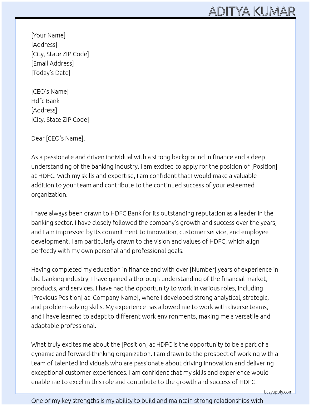 Hdfc Bank At HDFC Cover Letter