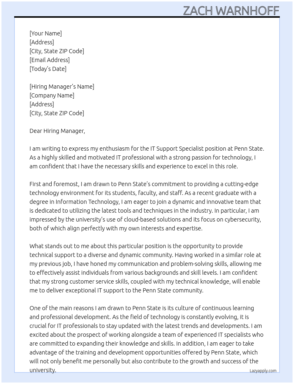 IT Support Specialist At Penn State Cover Letter