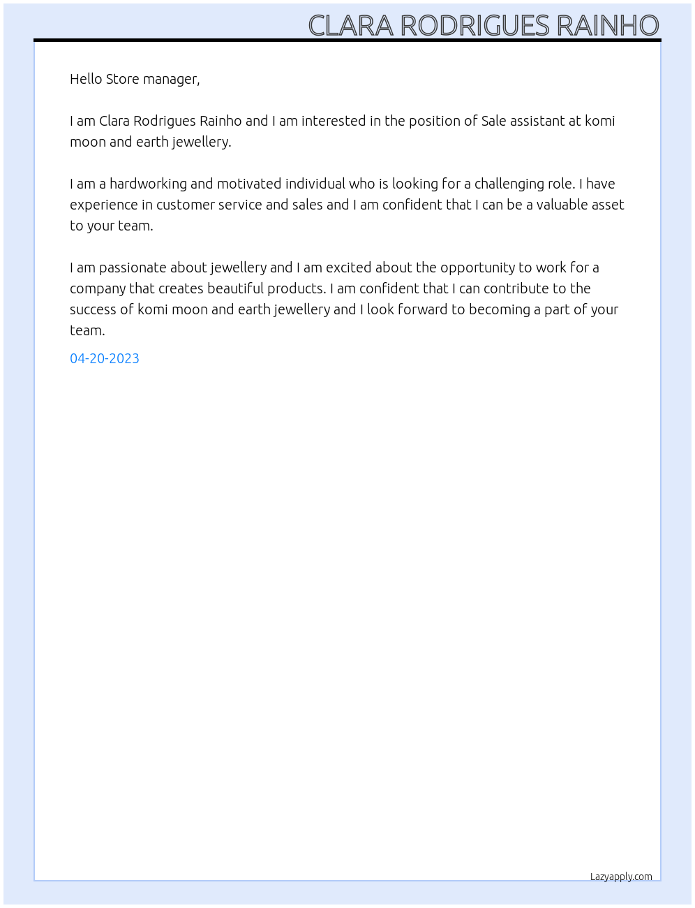 Sale assistant At komi moon and earth jewellery Cover Letter