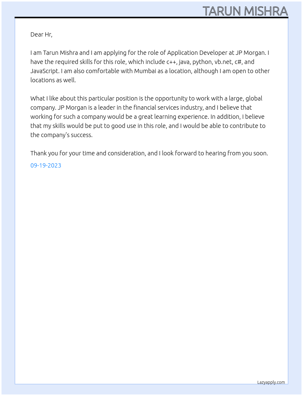 Application Developer At JP Morgan Cover Letter