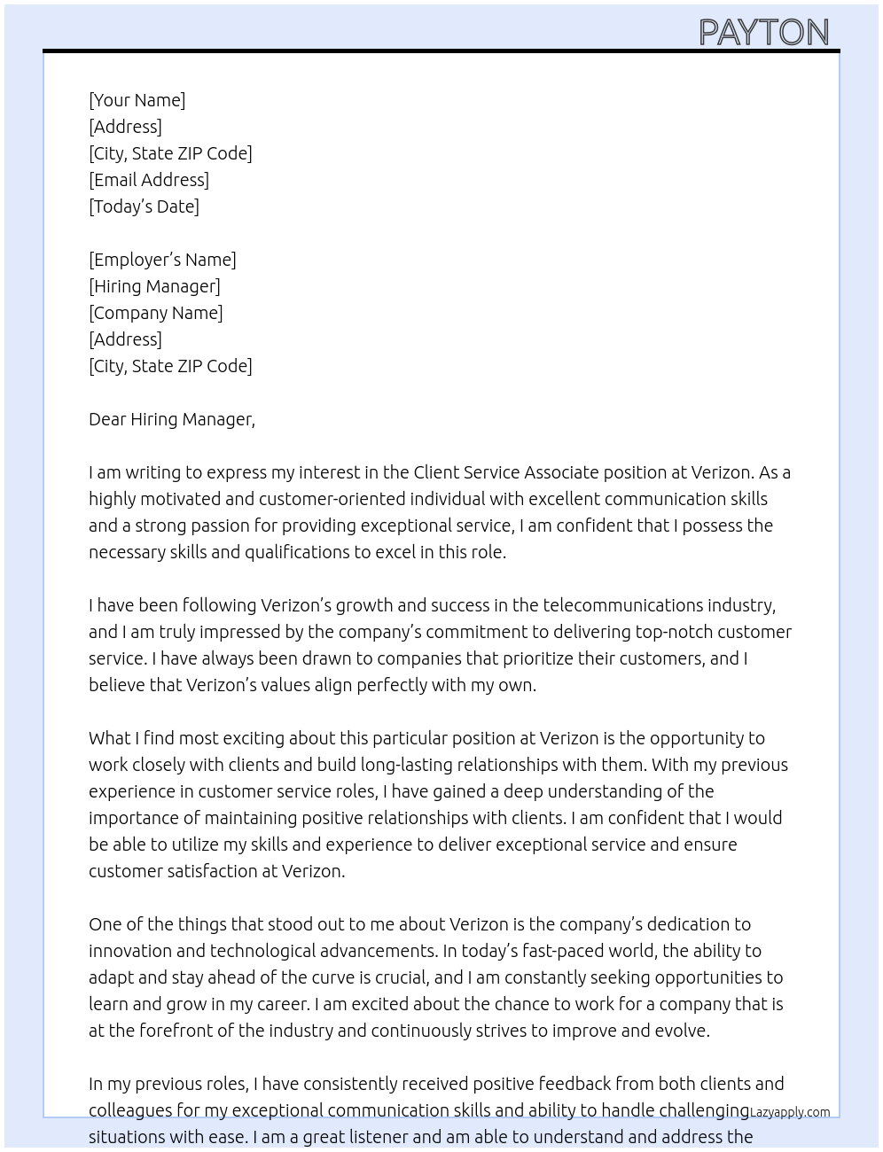Client Service Associate  At Verizon Cover Letter