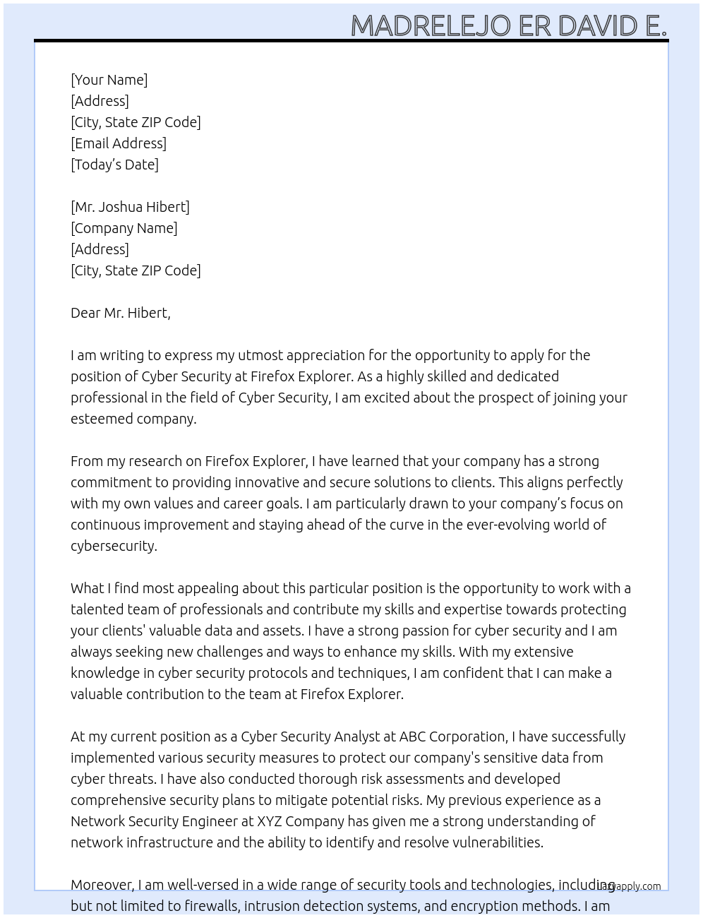 Cyber Security At Firefox Explorer Cover Letter