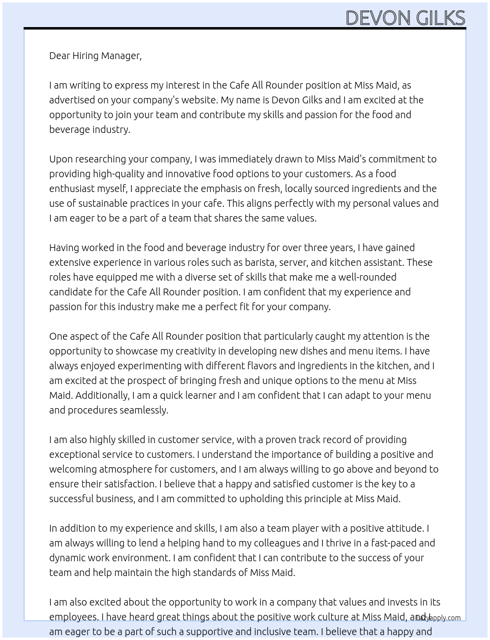 cafe all rounder At miss maid Cover Letter