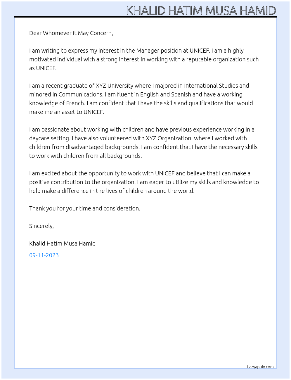 Manger At UNICEF Cover Letter