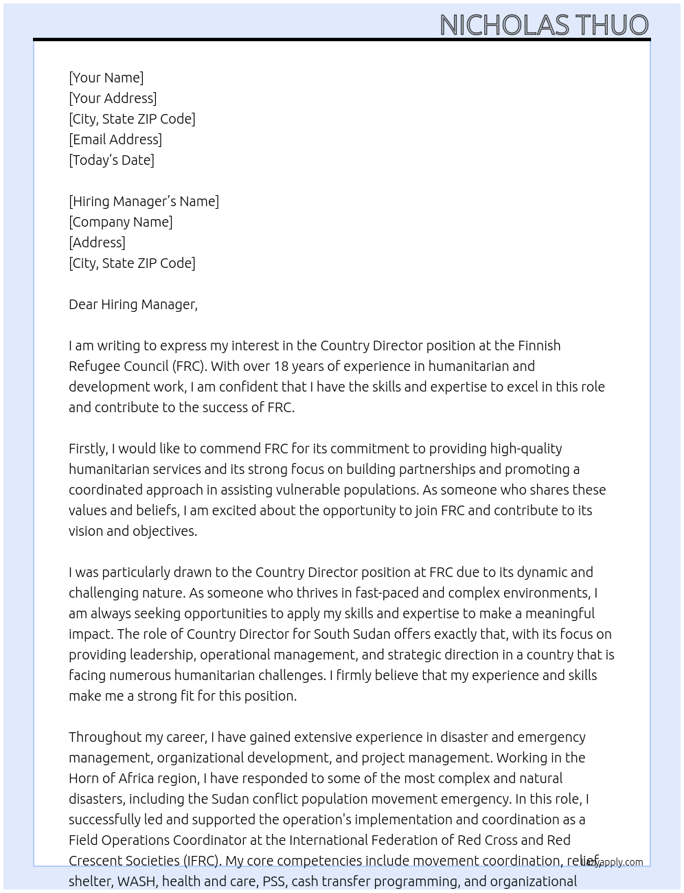 Country Director  At Finnish Refugee Council (FRC) Cover Letter