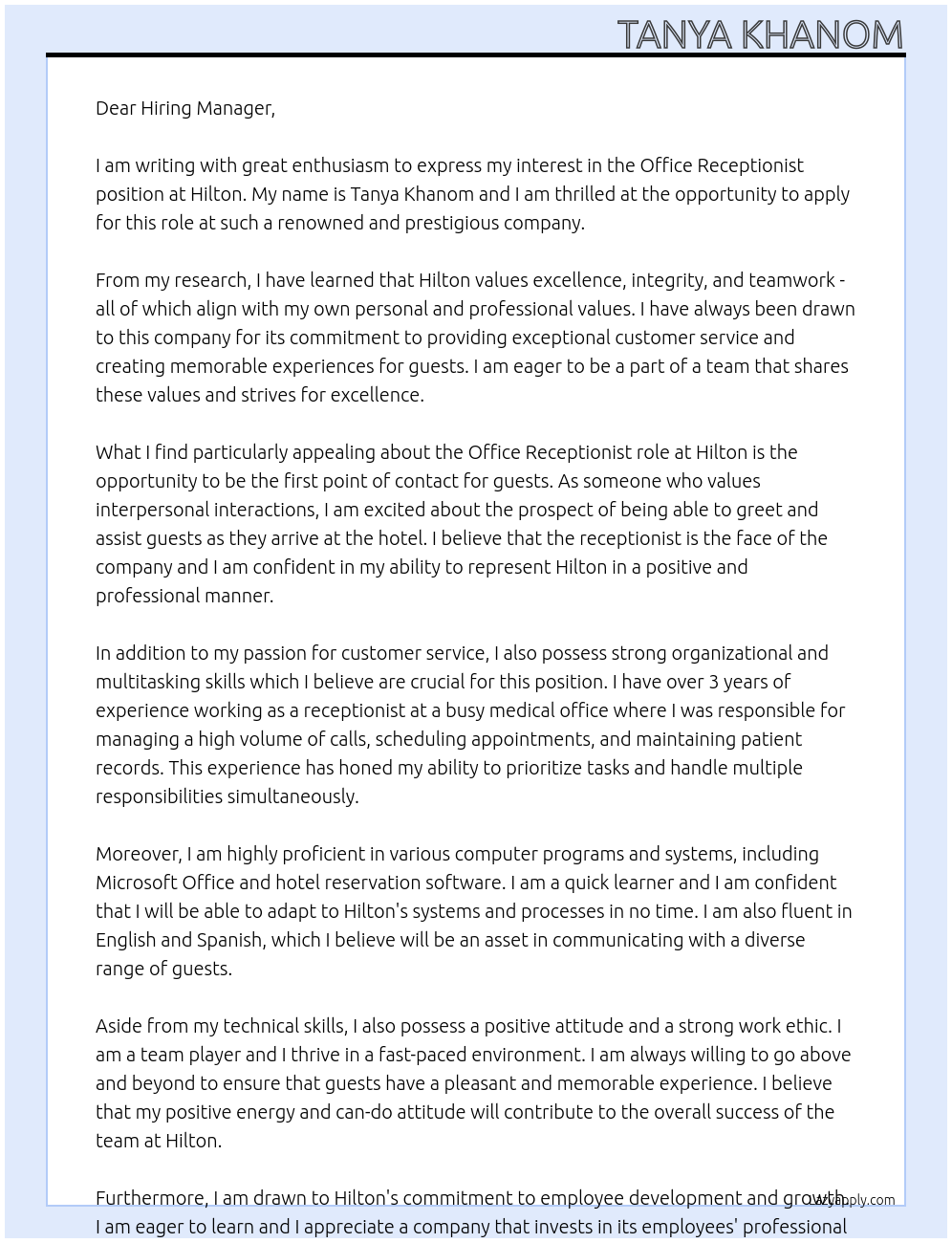 Office Receptionist At Hilton Cover Letter