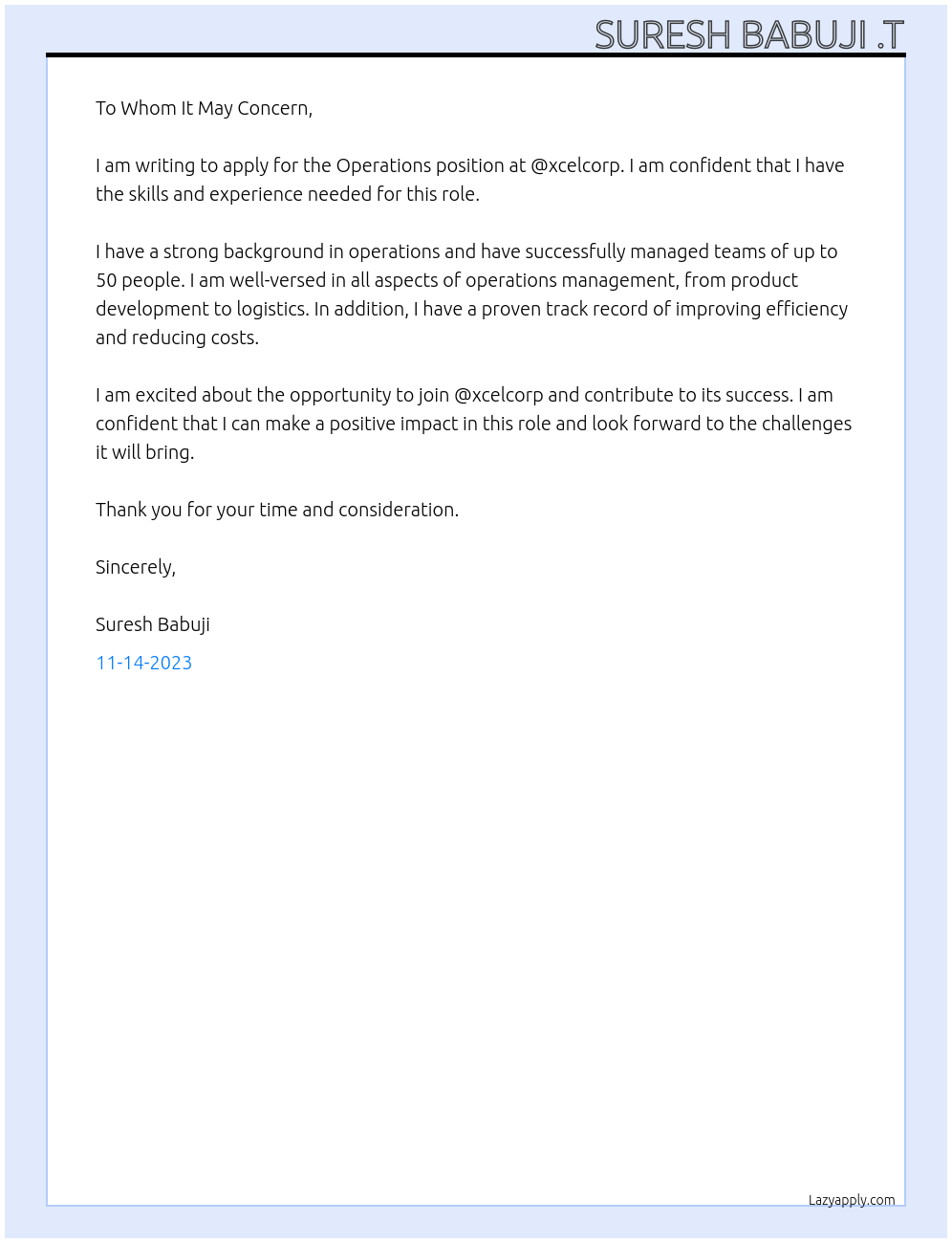 Operation At @xcelcorp Cover Letter