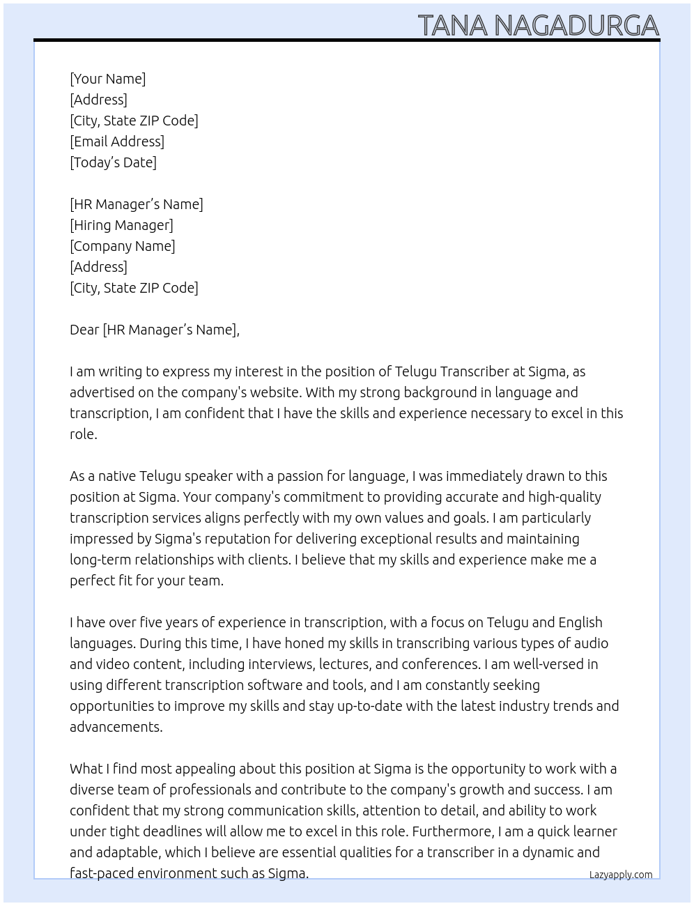 Telugu transcriber At Sigma Cover Letter
