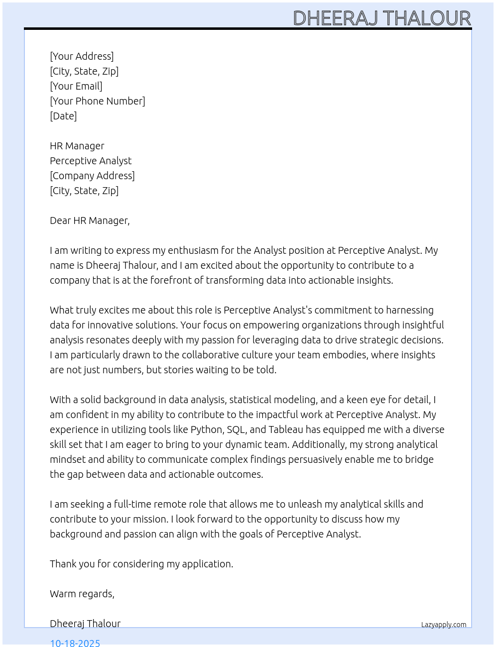 Analyst At Perceptive analyst Cover Letter