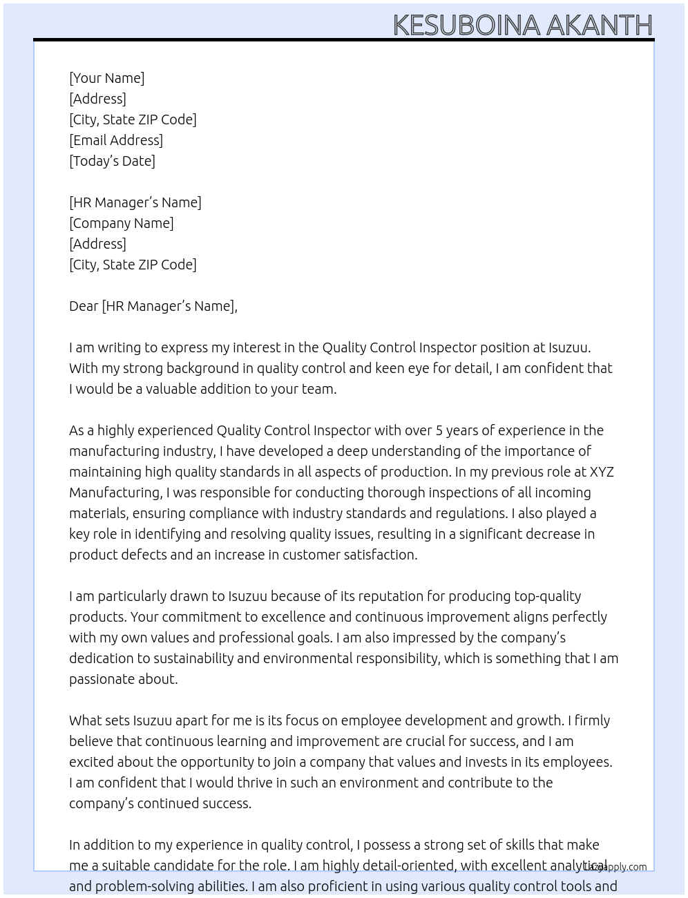 Quality control inspector At Isuzuu Cover Letter