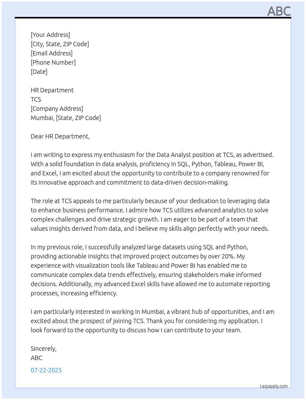 Data Analyst At TCS Cover Letter