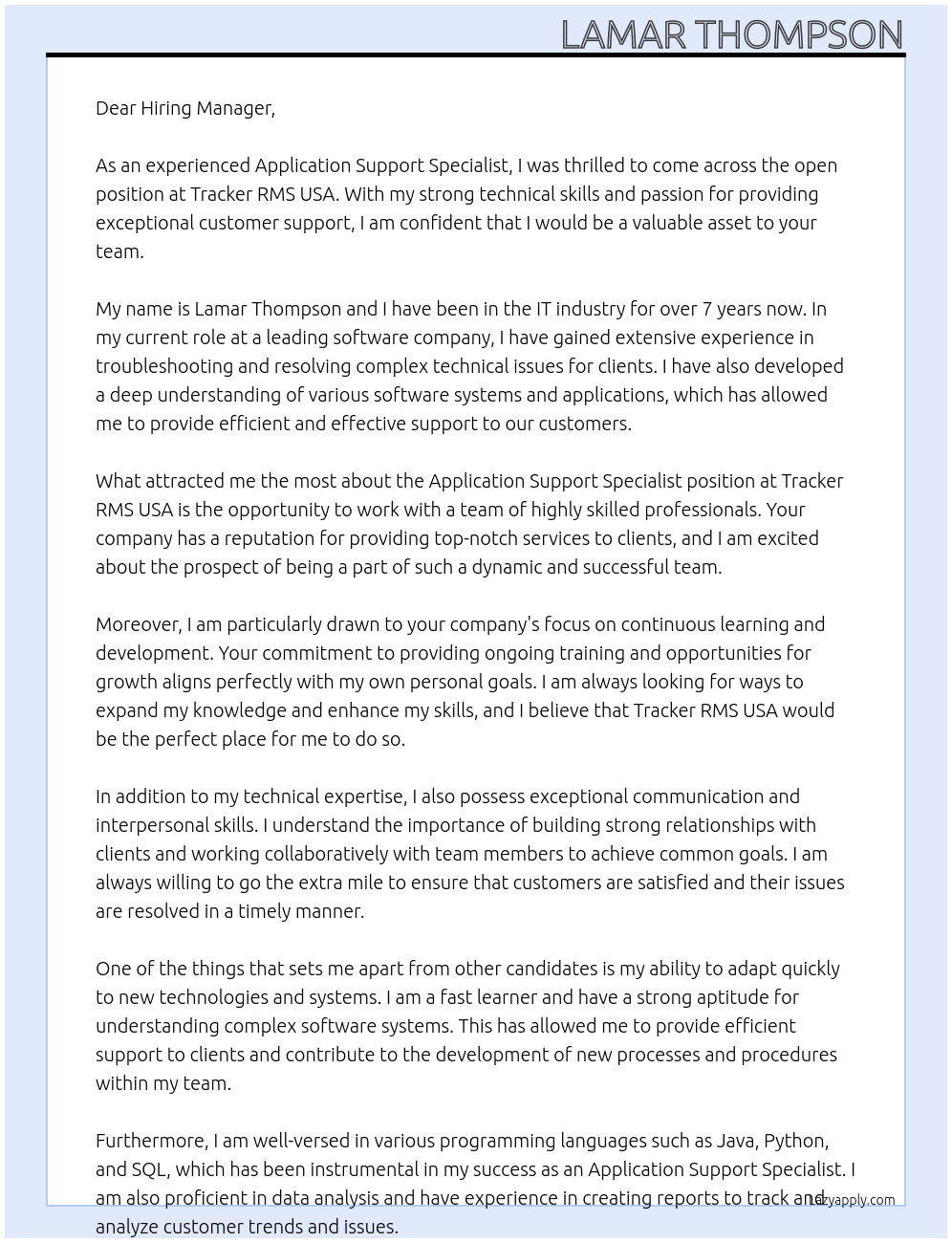 Application Support Specialist At Tracker RMS USA Cover Letter