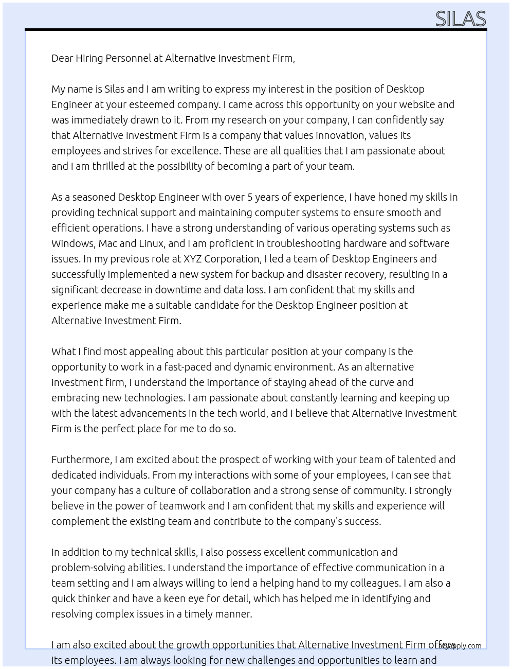 Desktop Engineer At alternative investment firm Cover Letter