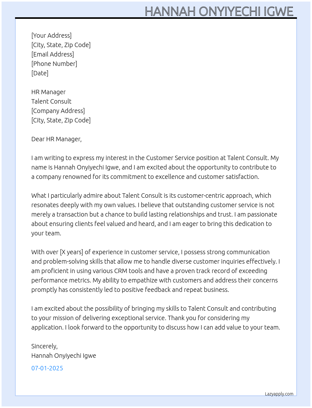 Customer Service At Talent Consult Cover Letter