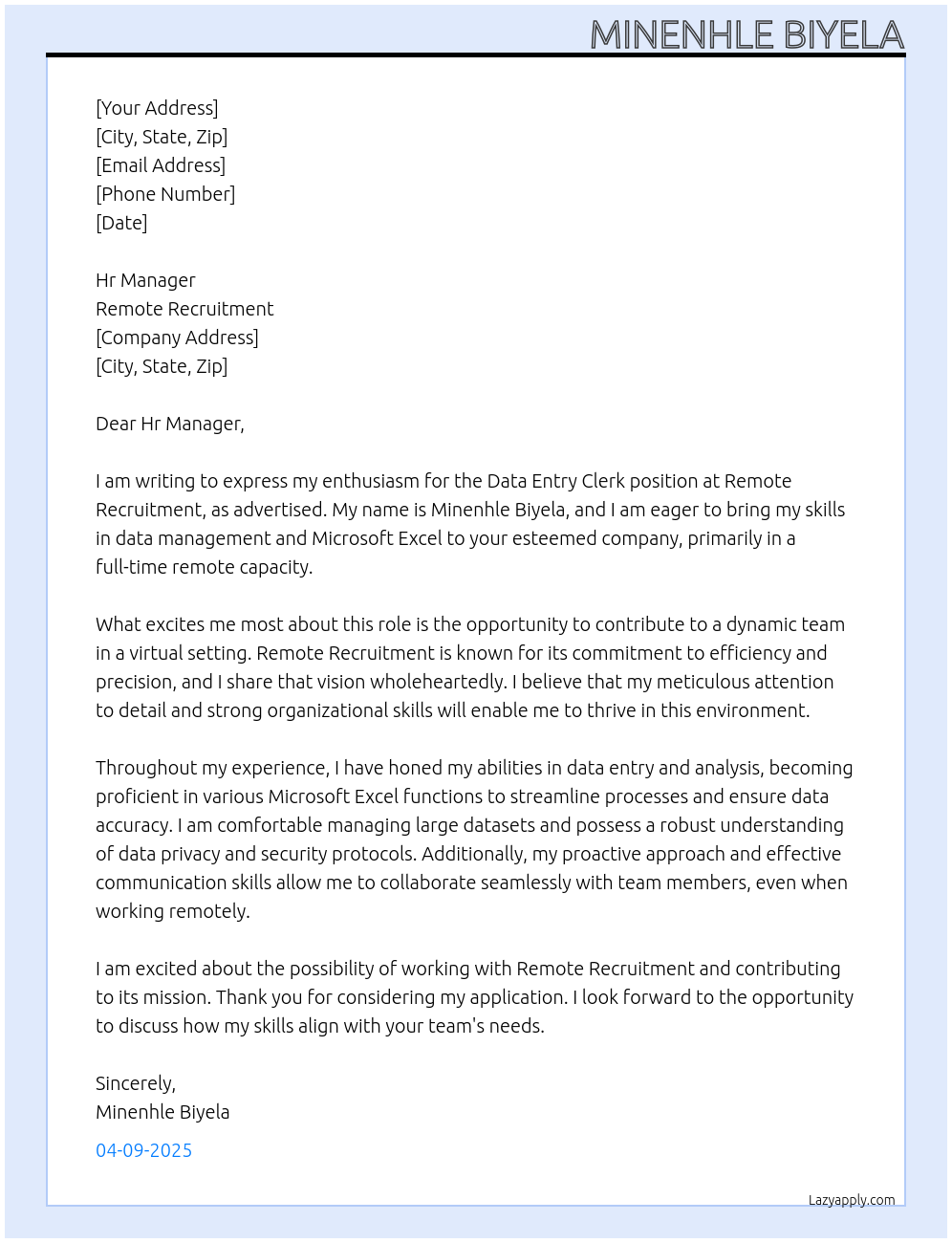 Data entry clerk At Remote recruitment Cover Letter