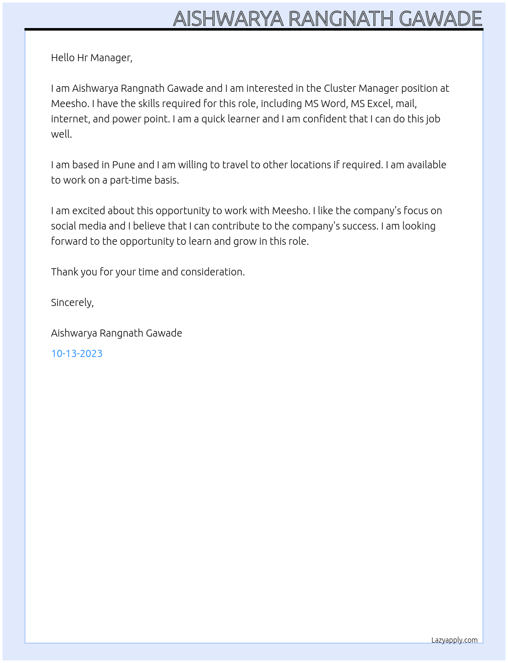 CLUSTER MANAGER At Meesho Cover Letter