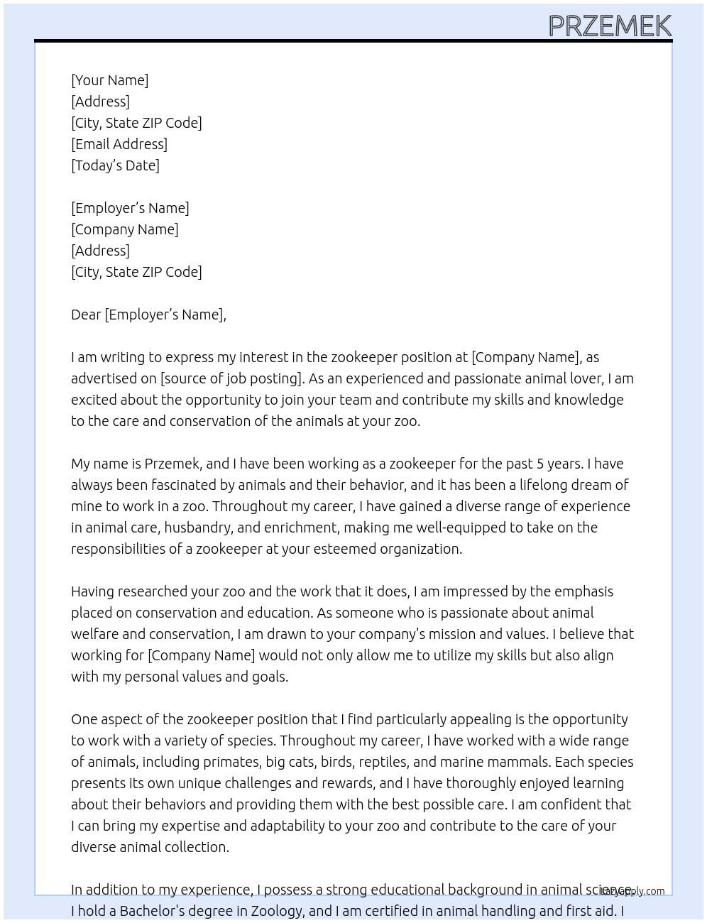 zookeeper At zoo Cover Letter