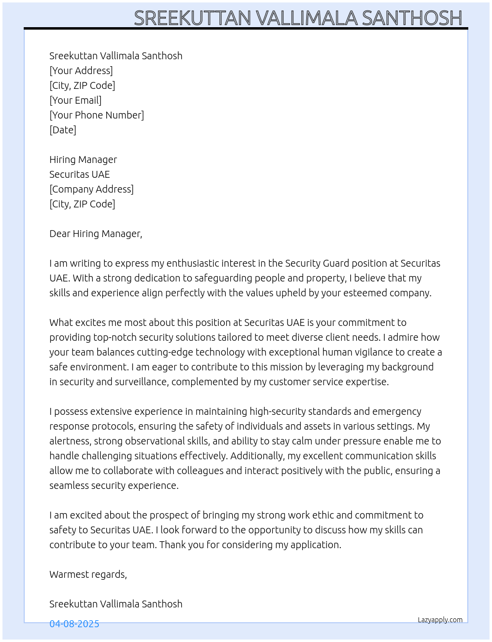 Security Guard At Securitas UAE Cover Letter