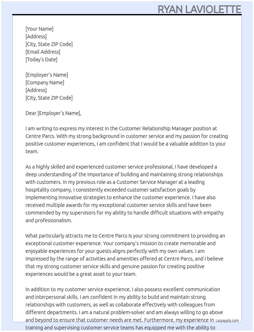 customer relationship manager At Centre Parcs Cover Letter