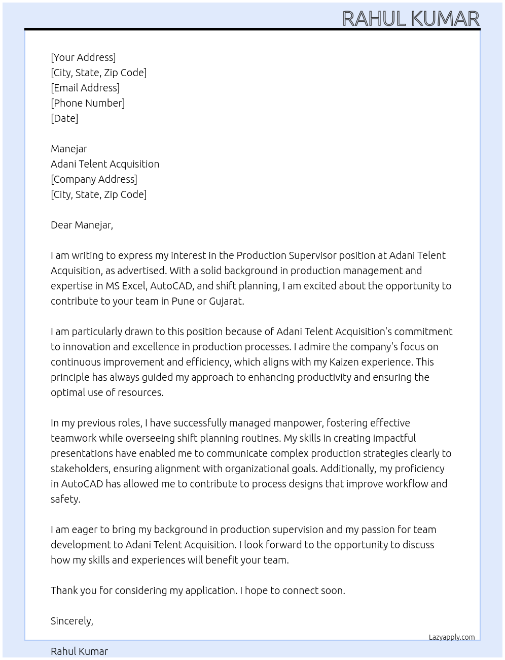 Production supervisor At Adani telent acquisition Cover Letter