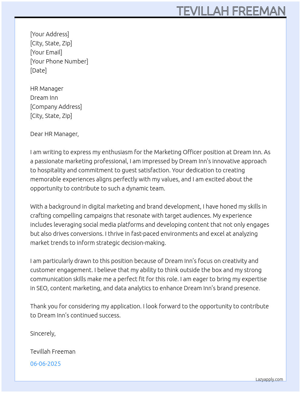 Marketing Officer At Dream Inn Cover Letter