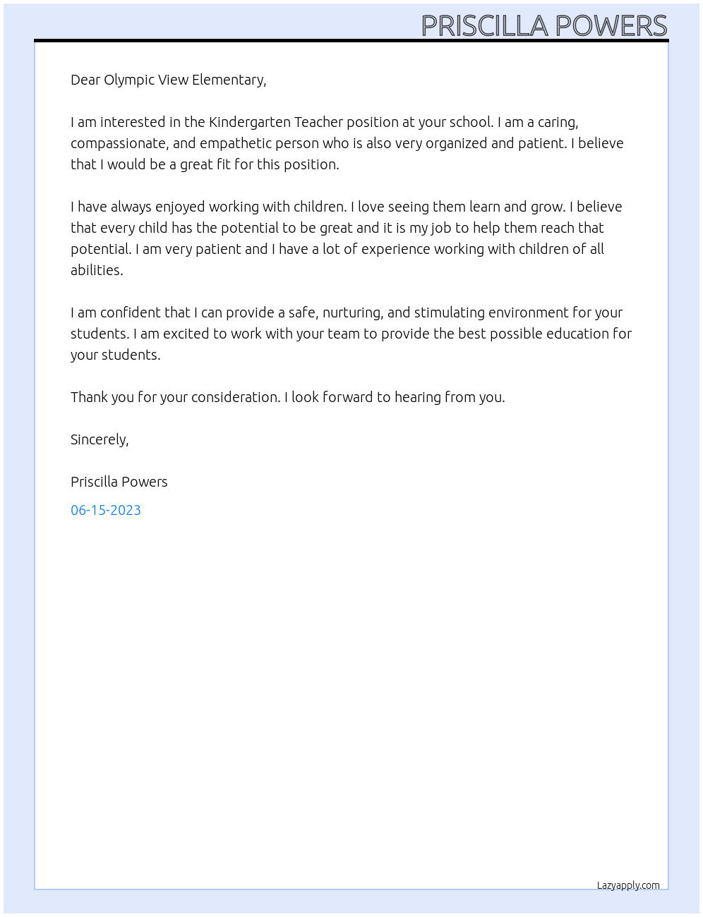 Kindergarten Teacher At Olympic View Elementary Cover Letter