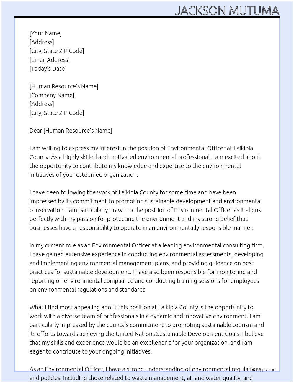 environmental officer At laikipia county Cover Letter