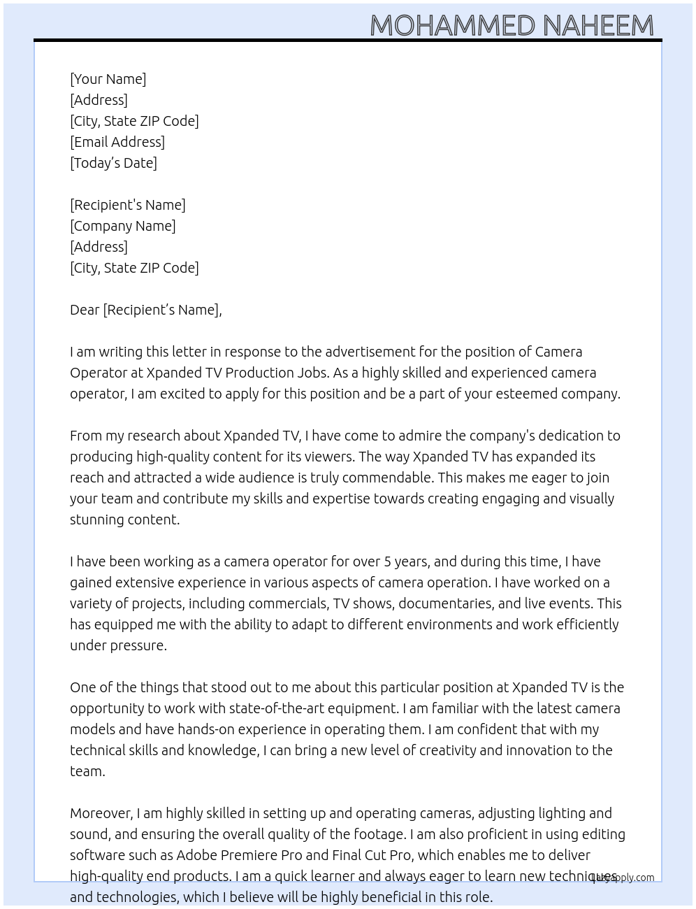 camera operator At Xpanded TV  Cover Letter