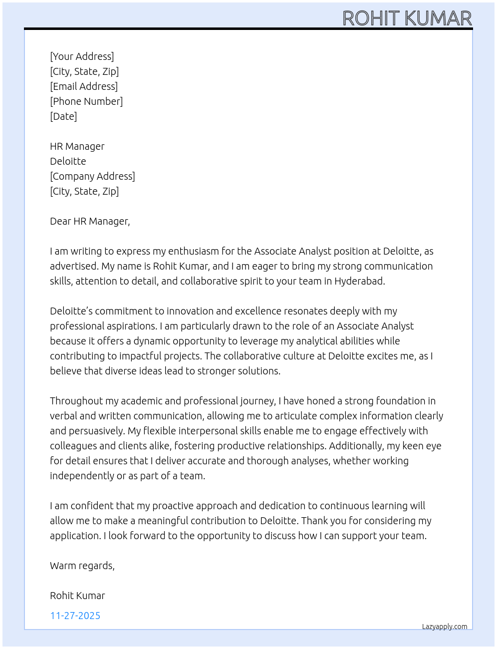 Associate Analyst At Deloitte Cover Letter