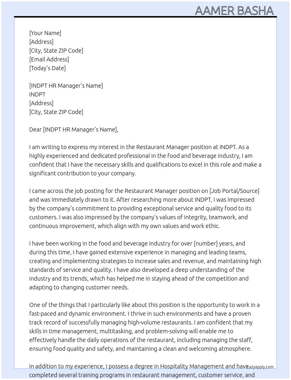 restaurant manager At INDPT Cover Letter
