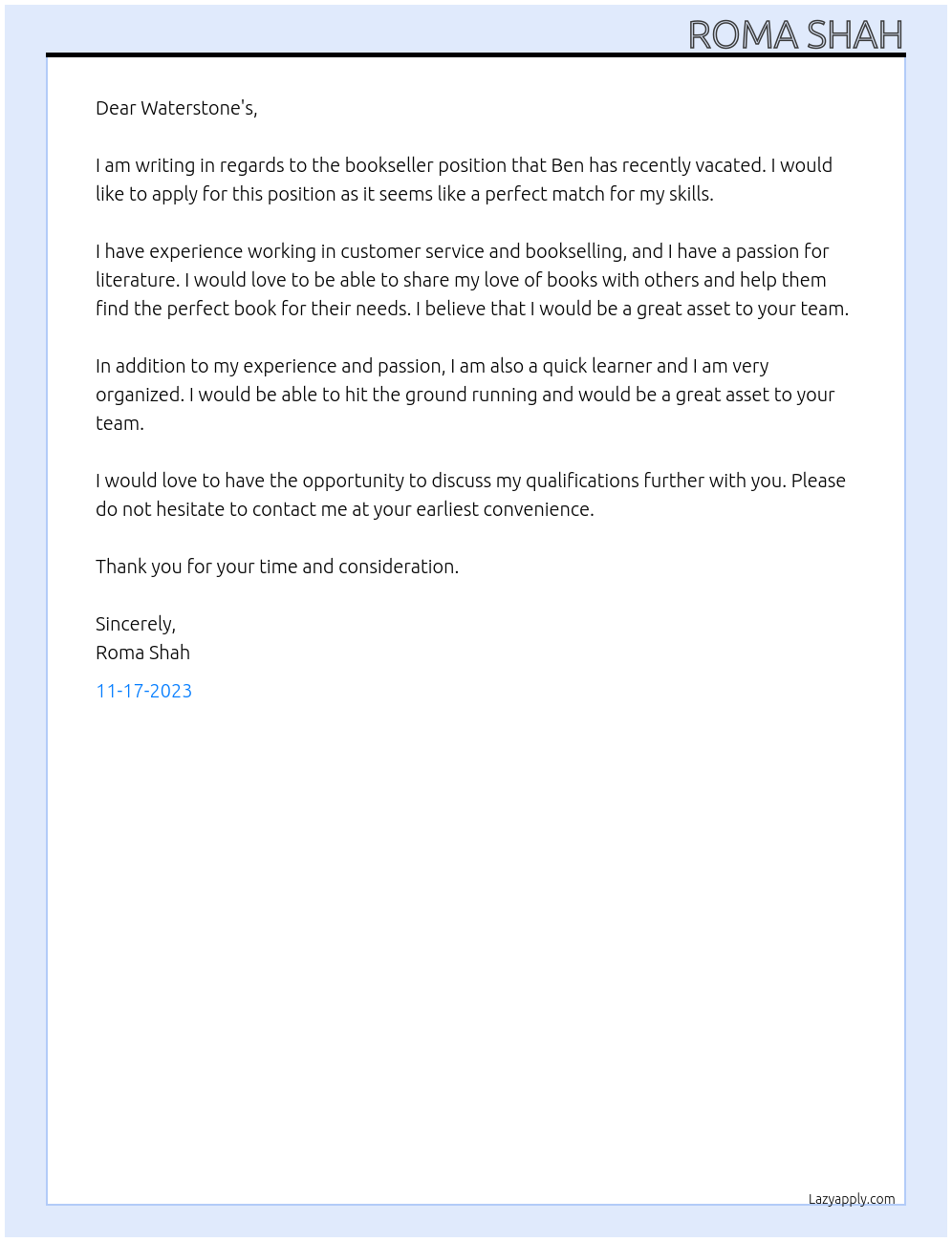 Bookseller At Waterstone's Cover Letter