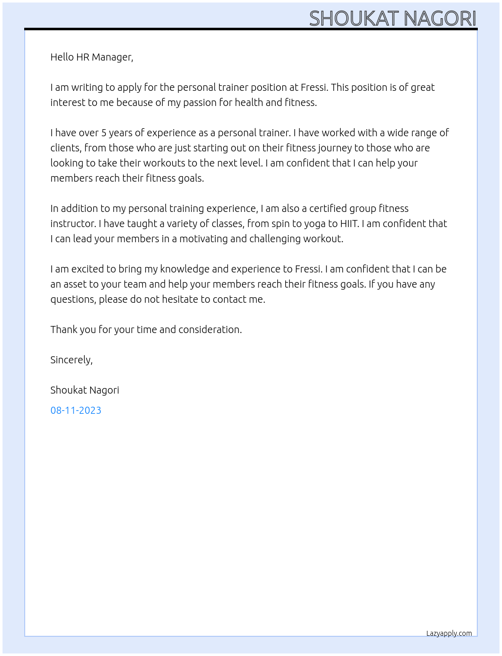 PERSONAL TRAINER At FRESSI Cover Letter