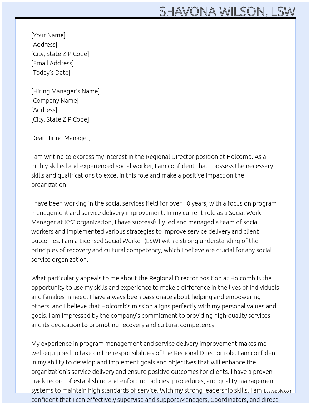 Regional Director At Holcomb Cover Letter