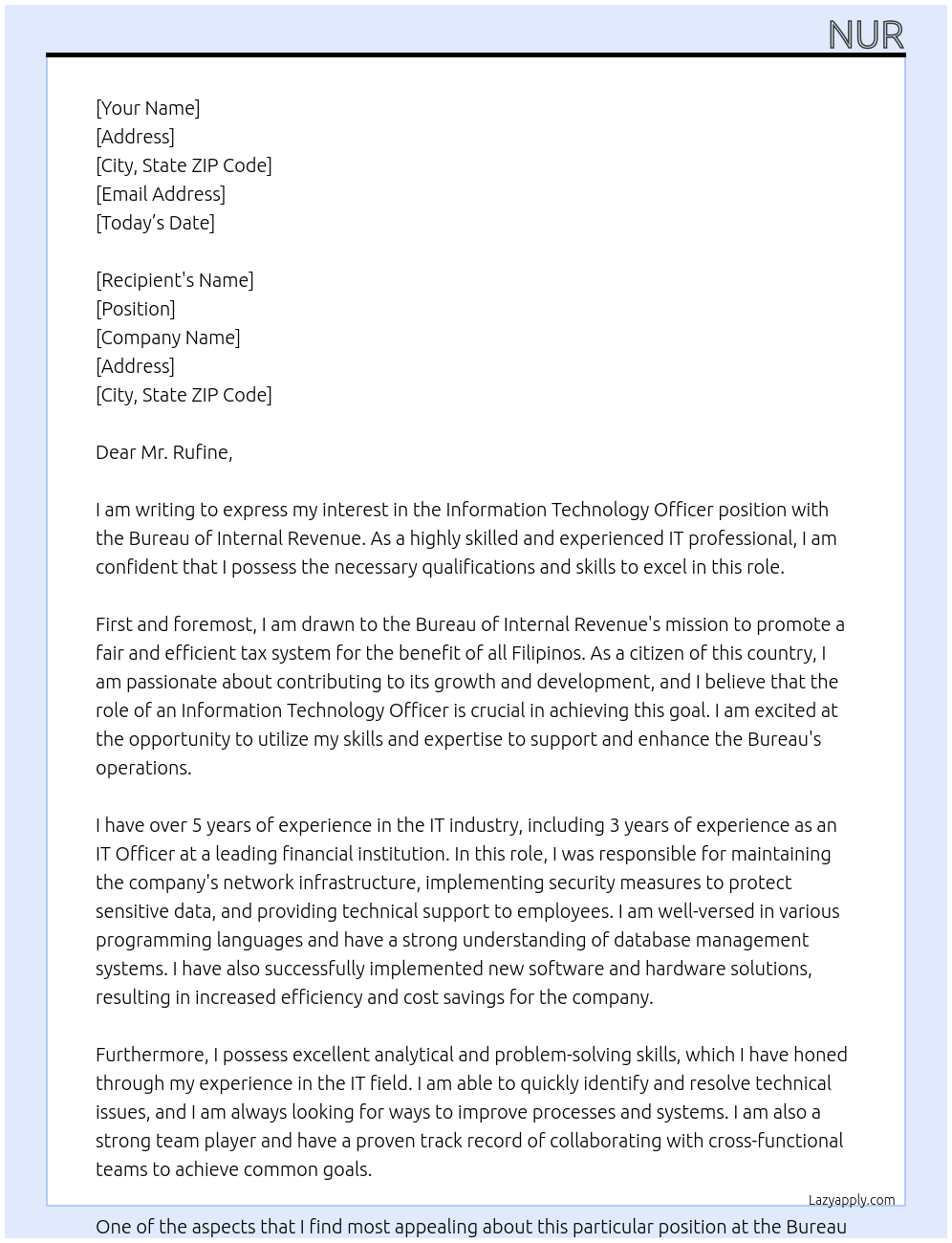 Information Technology Officer At Bureau of Internal Revenue Cover Letter