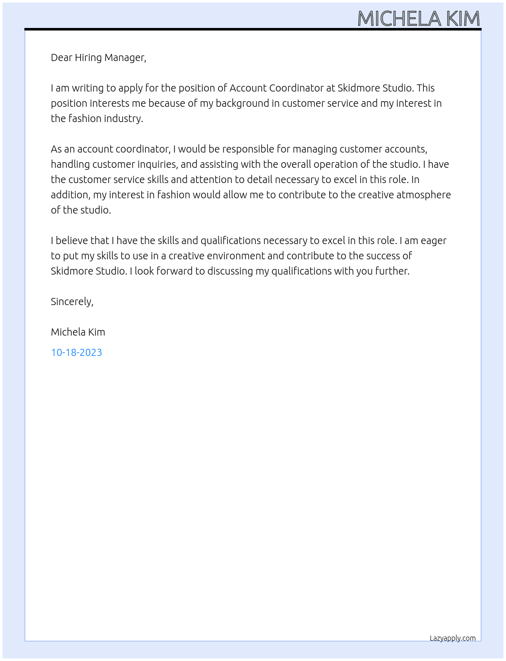 Account Coordinator At Skidmore Studio Cover Letter