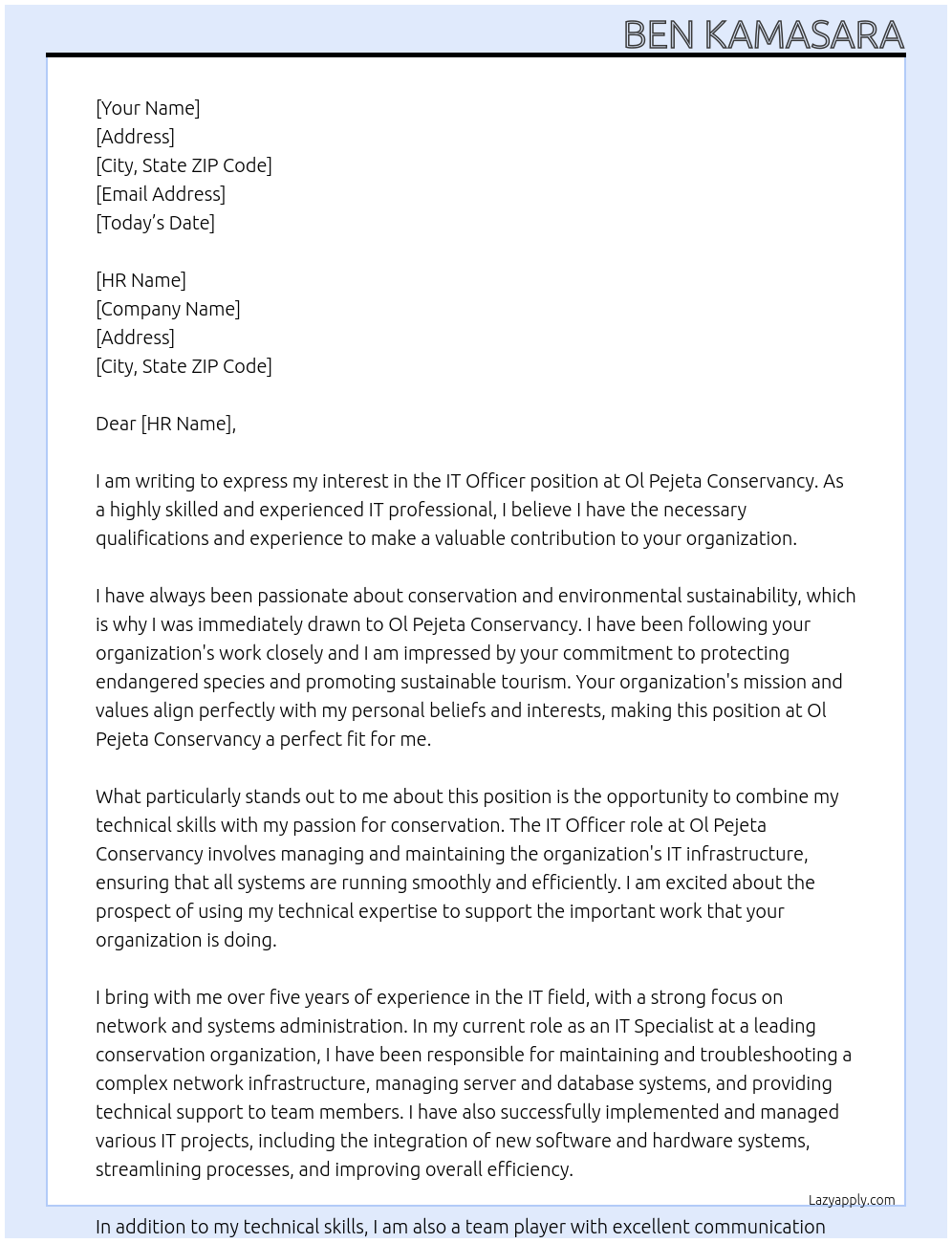 IT Officer At Ol Pejeta Conservancy Cover Letter