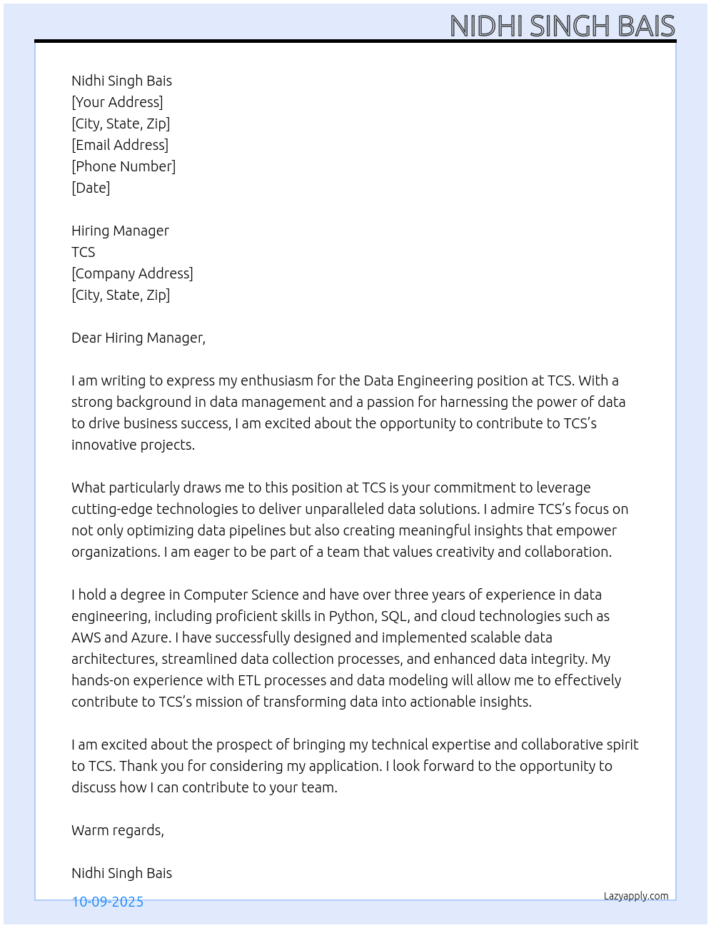 Data engineering At TCS Cover Letter