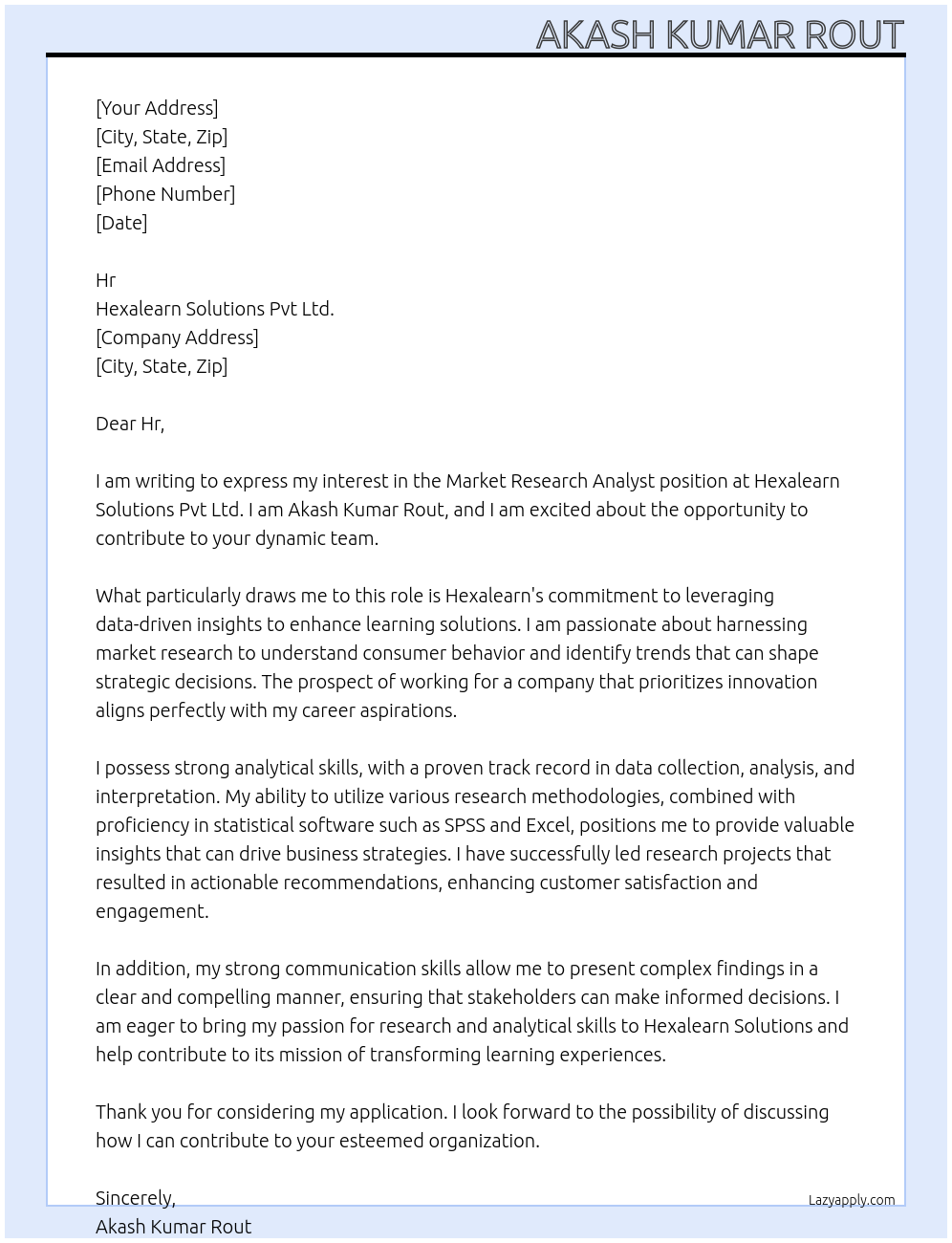 Cover letter for market research analyst - LazyApply