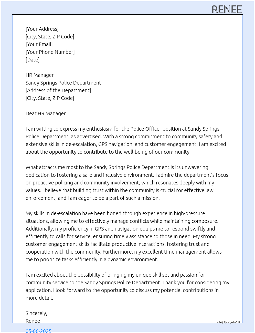 Police officer At Sandy Springs Police Department Cover Letter