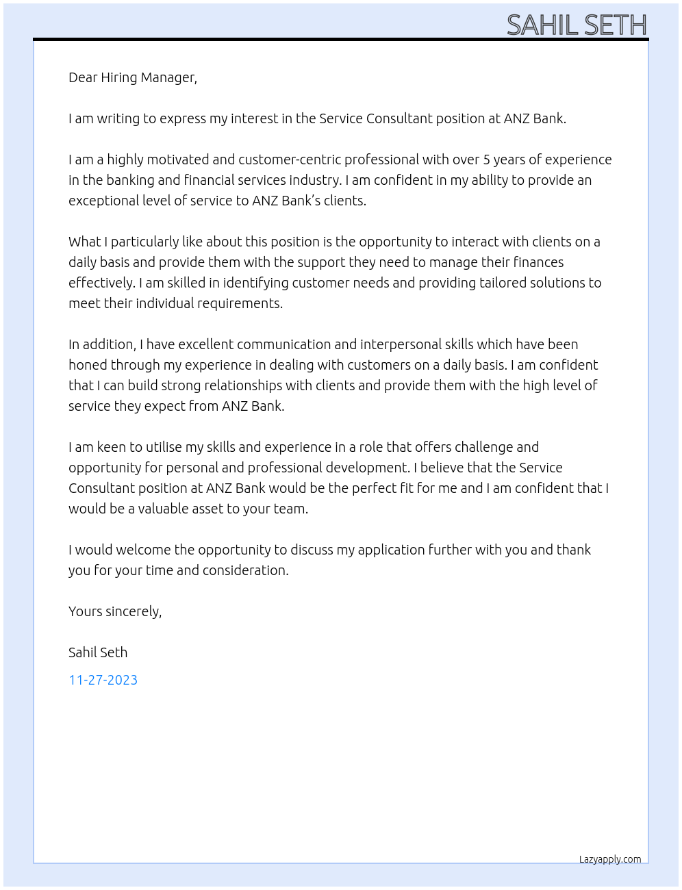 Service Consultant At ANZ Bank Cover Letter