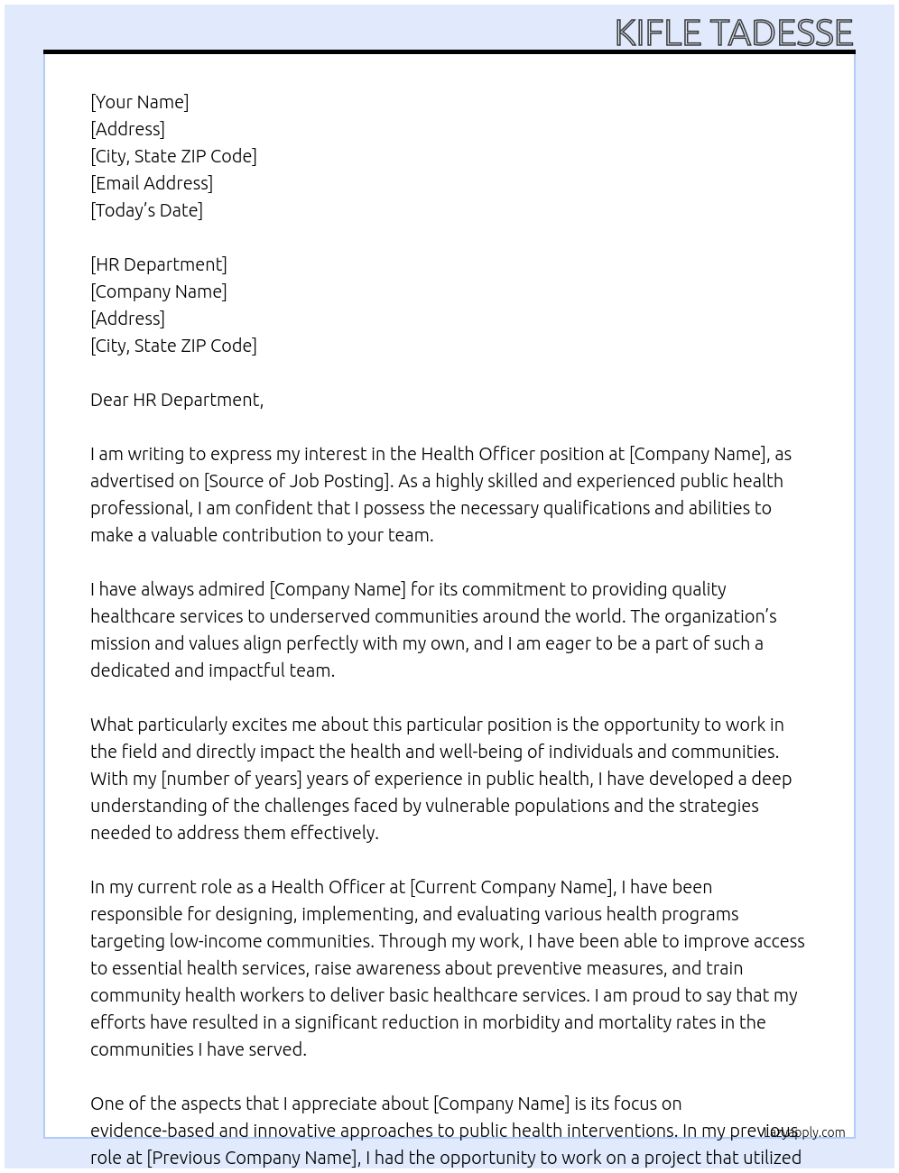 Health Officer At IRC Cover Letter