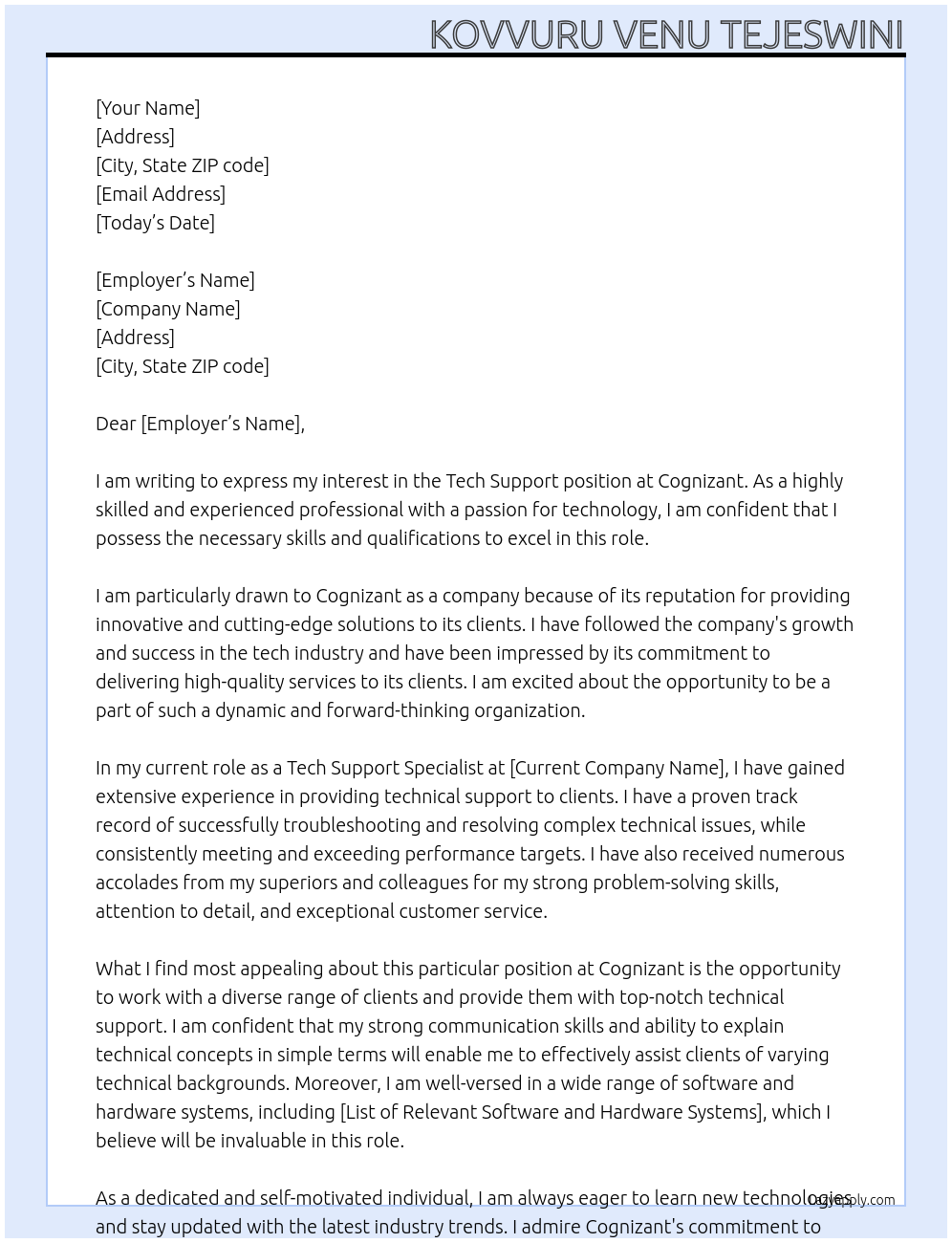Tech support At cognizant Cover Letter