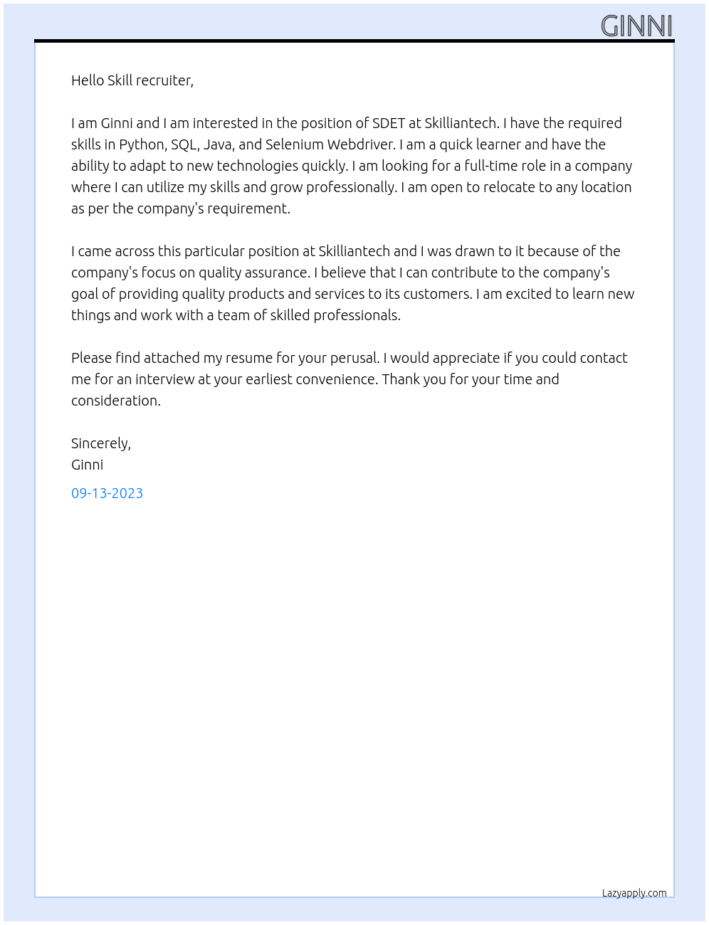 sdet At Skilliantech Cover Letter