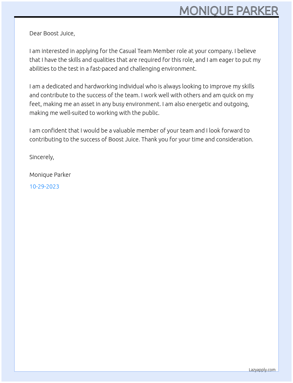 Casual team member At Boost Juice Cover Letter