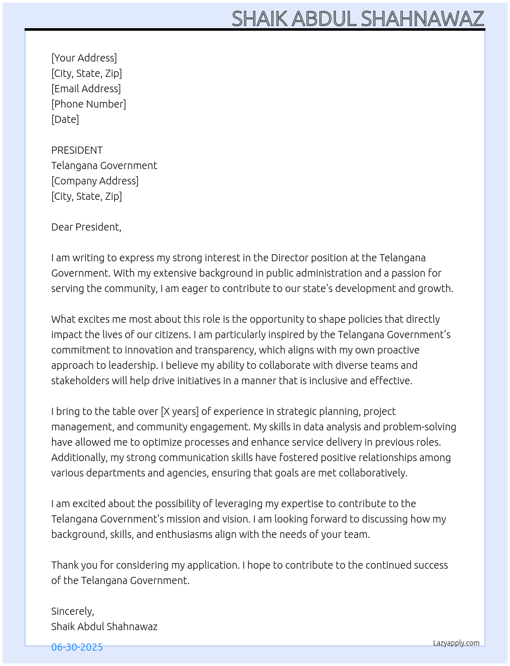 DIRECTOR At TELANAGAN GOVERMNET Cover Letter