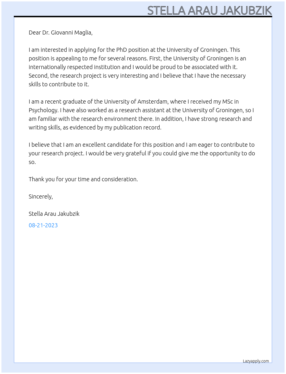 PhD At University of Groningen Cover Letter